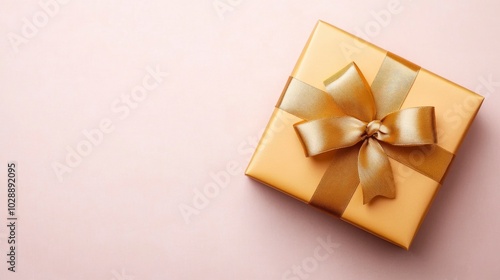 A golden gift box with golden ribbon on a light gray background