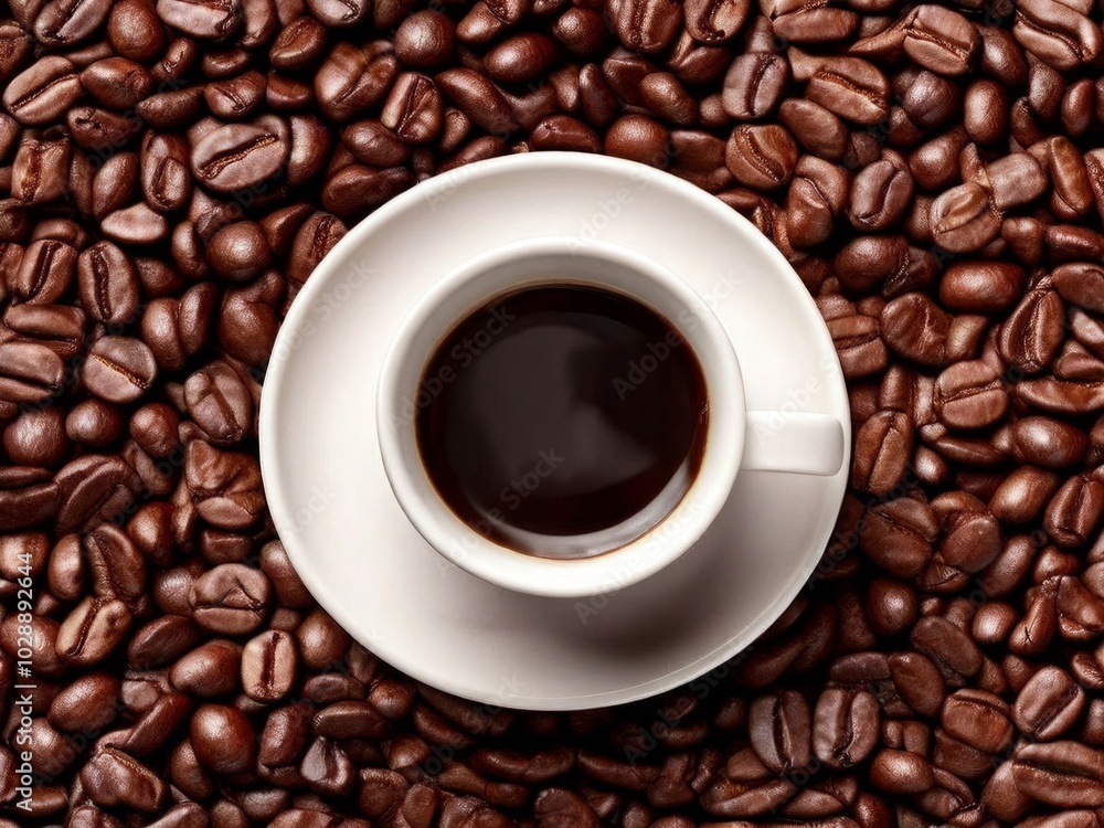 Cup of coffee on beans background, top view. AI generated. Cup of coffee on beans background, top view. AI generated.