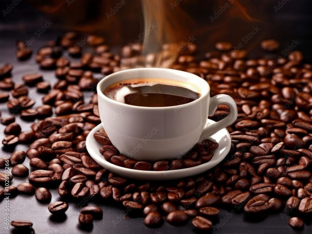 Cup of coffee on beans background, top view. AI generated. Cup of coffee on beans background, top view. AI generated.