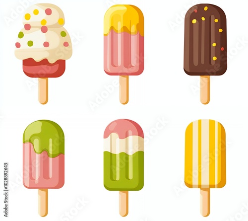 Six colorful popsicles on a white background