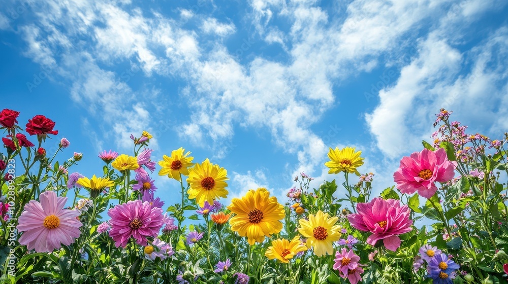 Vibrant Wildflowers Blooming Under a Clear Blue Sky on a Sunny Day in a Lush Garden Setting Vibrant Wildflowers Blooming Under a Clear Blue Sky on a Sunny Day in a Lush Garden Setting