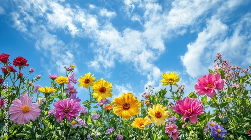 Vibrant Wildflowers Blooming Under a Clear Blue Sky on a Sunny Day in a Lush Garden Setting