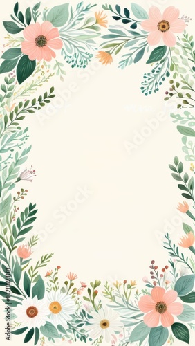 Elegant floral border with pastel flowers and green foliage on a cream background, ideal for wedding invitations, greeting cards, or spring-themed designs