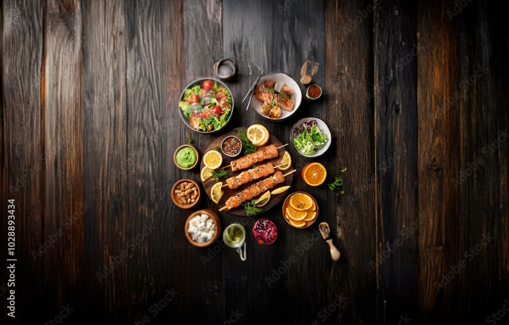Food arrangement on a wooden surface with salmon skewers, salad, citrus, nuts, and sauces. Food arrangement on a wooden surface with salmon skewers, salad, citrus, nuts, and sauces.