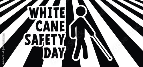 Disability symbol. Blind man sign, with guide dog and walking stick. Blind people with cane icon. Pedestrian icon. White stick day pictogram. White cane safety day, celebration on 15 October.