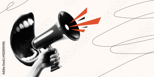 Halftone collage banner with a mouth screaming into a loudspeaker. Vintage megaphone. Vector retro pop art.