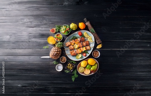 Grilled fish skewers with bell pepper, lemon, and pineapple on a blue plate surrounded by fresh produce on a dark wooden surface. photo