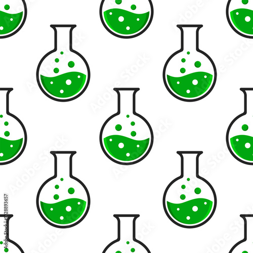 Chemistry retort vector seamless pattern. Green poison with black outline on white background.