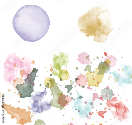 Set of abstract watercolor water splash on a white background. Vector watercolour texture in pastel color. Ink paint brush stain. Green splatter spot. Watercolor pastel splash