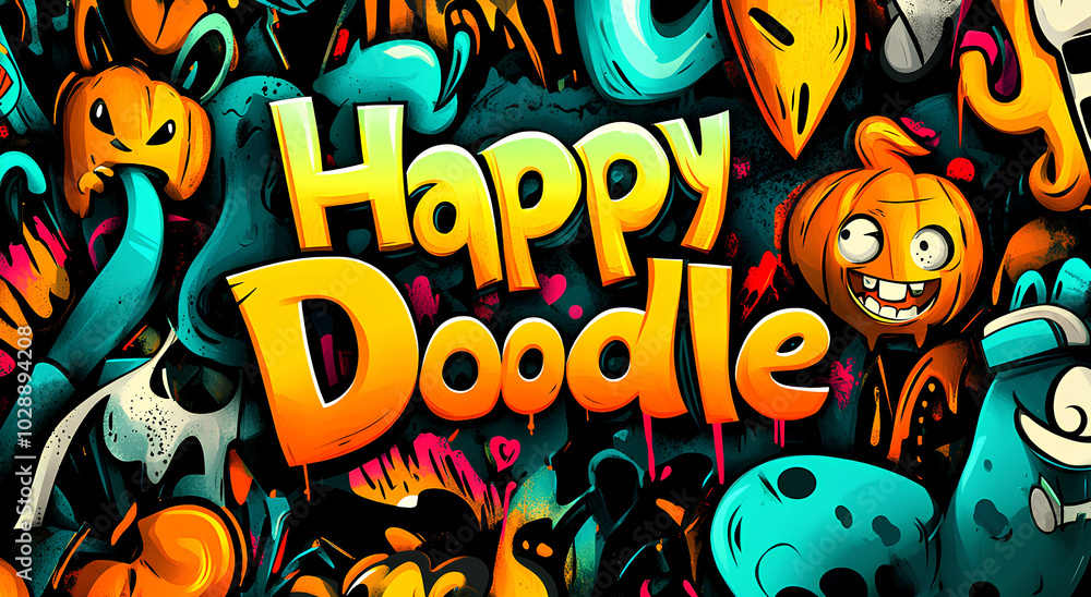 Obraz premium A colorful and whimsical doodle illustration featuring pumpkins, spooky characters, and the text 
