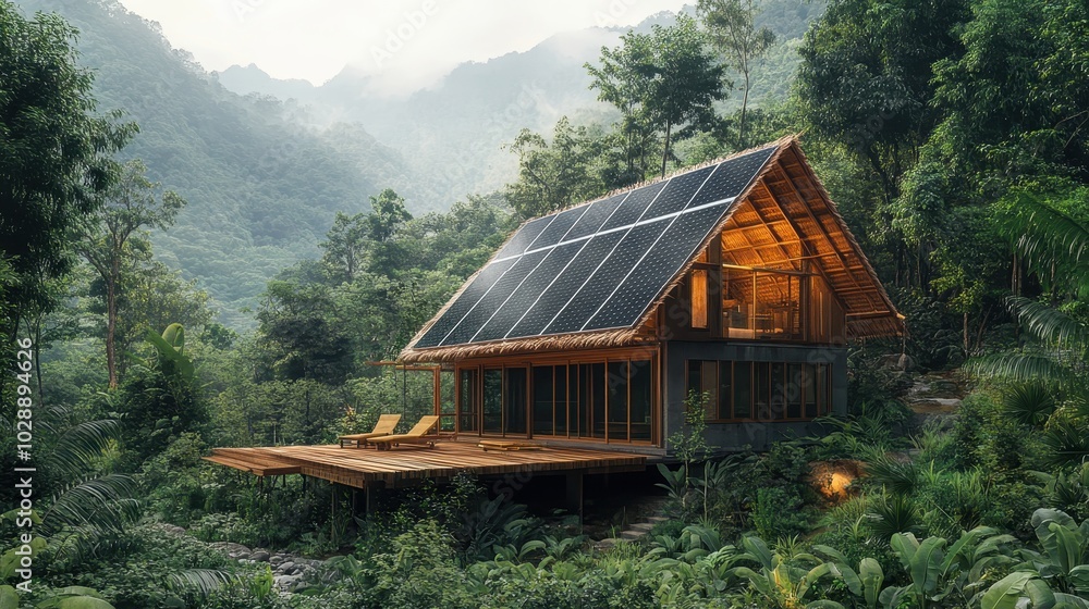 Sustainable Eco-Friendly Cabin with Solar Panels in Lush Green Forest Surrounded by Mountains and Misty Atmosphere Sustainable Eco-Friendly Cabin with Solar Panels in Lush Green Forest Surrounded by Mountains and Misty Atmosphere