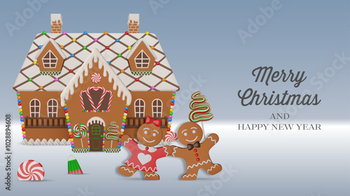 christmas banner with 3d gingerbread house and sweets. christmas greeting card with 3d gingerbread cookies and candies	