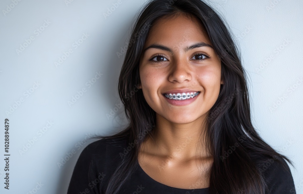 Young Hispanic girl wearing a t-shirt and jeans at a family function sporting dental braces with crossed arms looking at the camera. She displays a happy face and is smiling with crossed arms. Young Hispanic girl wearing a t-shirt and jeans at a family function sporting dental braces with crossed arms looking at the camera. She displays a happy face and is smiling with crossed arms.