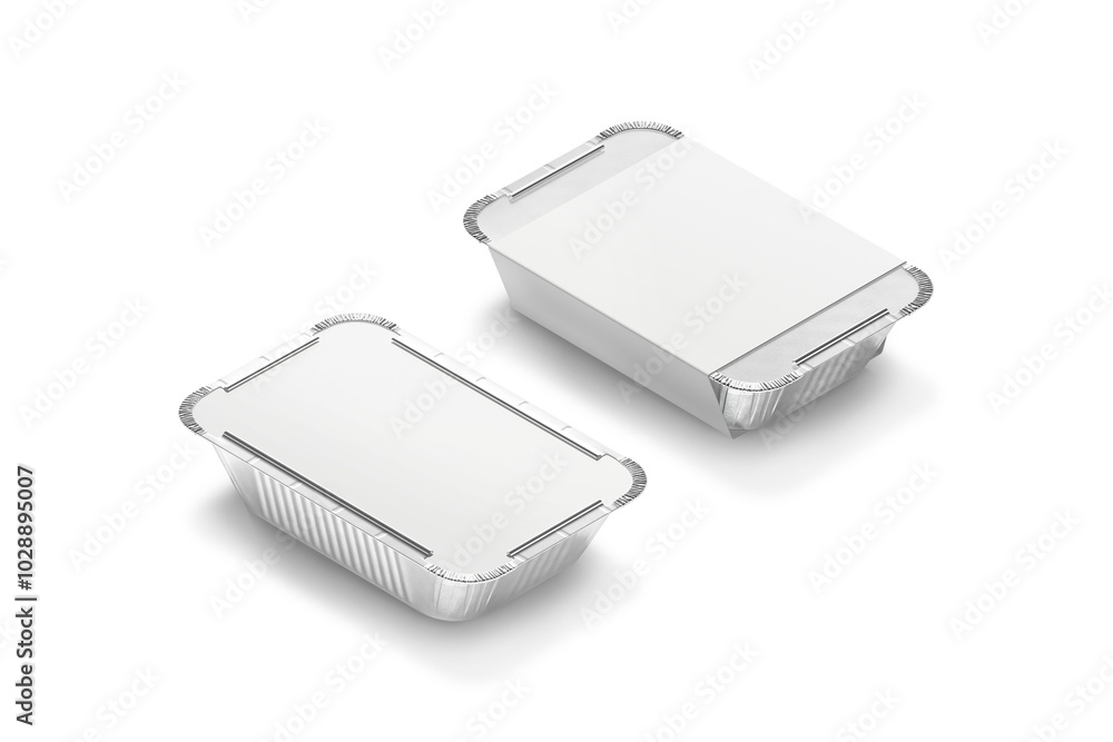Blank aluminium foil container with white paper label mockup, isolated Blank aluminium foil container with white paper label mockup, isolated