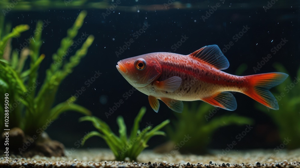 Obraz premium A single red and orange fish with a spotted pattern swims in a freshwater aquarium tank. The fish is surrounded by green aquatic plants and has a black background with bubbles rising to the surface.