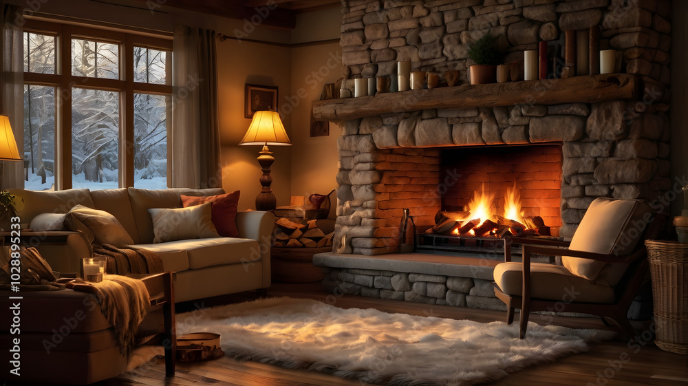 living room with fireplace, ai generated