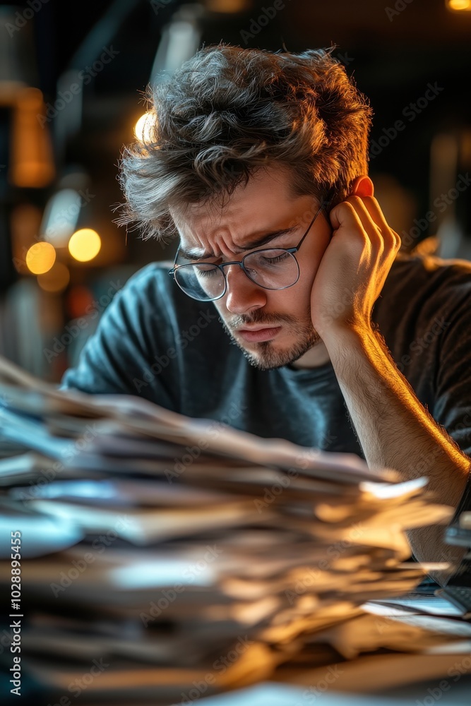 Young Man Concentrating on Work at Desk with Piles of Papers in Cozy Home Office Setting Young Man Concentrating on Work at Desk with Piles of Papers in Cozy Home Office Setting