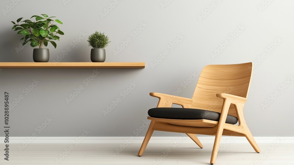 Minimalist interior with a wooden lounge chair and a shelf featuring two potted plants against a light gray wall. Minimalist interior with a wooden lounge chair and a shelf featuring two potted plants against a light gray wall.