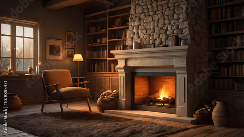 Wallpaper Mural living room with fireplace, ai generated Torontodigital.ca