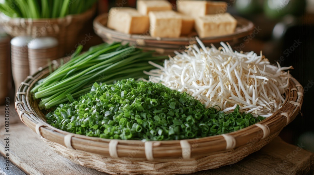 Fresh Bean Sprouts and Green Vegetables in a Basket Fresh Bean Sprouts and Green Vegetables in a Basket