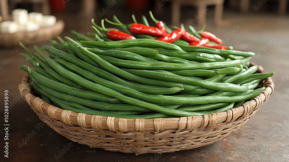 Fresh Green Beans Stacked in a Market Basket Fresh Green Beans Stacked in a Market Basket