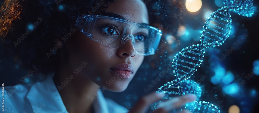 Scientist Analyzing DNA Structure in a High-Tech Laboratory with Futuristic Holographic Display and Advanced Genetic Research Equipment Scientist Analyzing DNA Structure in a High-Tech Laboratory with Futuristic Holographic Display and Advanced Genetic Research Equipment