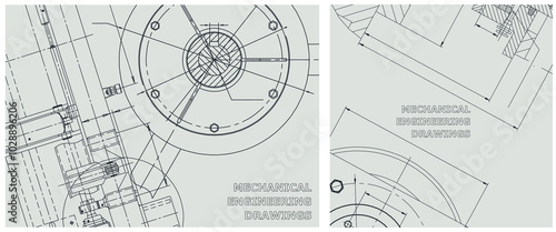 Blueprint illustration set. Engine line drawing