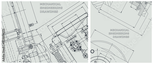 Blueprint illustration set. Engine line drawing