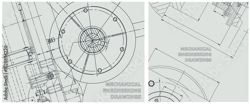 Blueprint illustration set. Engine line drawing