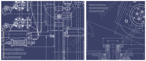 Blueprint illustration set. Engine line drawing