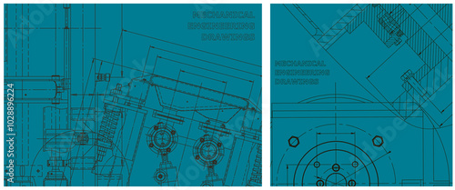 Blueprint illustration set. Engine line drawing