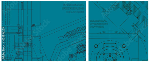 Blueprint illustration set. Engine line drawing