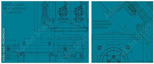 Blueprint illustration set. Engine line drawing