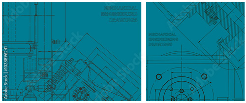 Blueprint illustration set. Engine line drawing