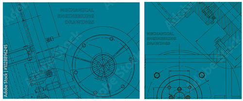 Blueprint illustration set. Engine line drawing