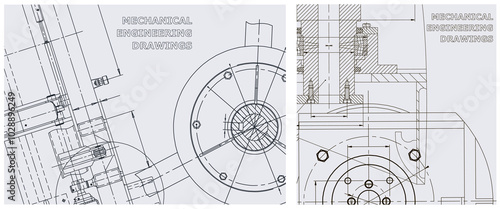 Blueprint illustration set. Engine line drawing