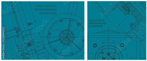 Blueprint illustration set. Engine line drawing