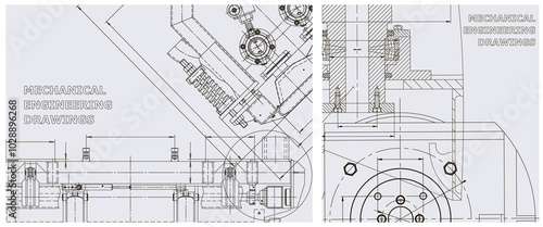 Blueprint illustration set. Engine line drawing
