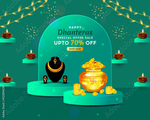 Happy Dhanteras Indian festival season Diwali celebration vector pedestal podium design background with beautiful gold jewellery and oil lamps