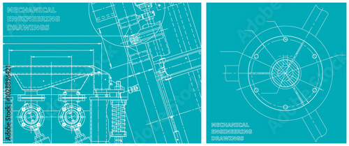 Blueprint illustration set. Engine line drawing