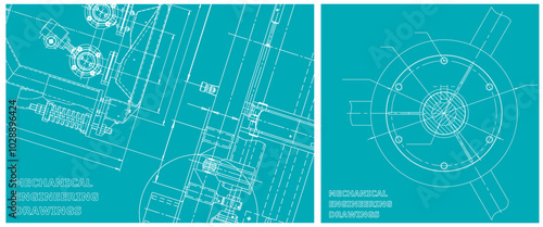 Blueprint illustration set. Engine line drawing
