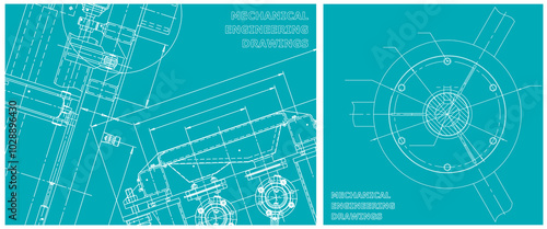 Blueprint illustration set. Engine line drawing