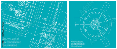 Blueprint illustration set. Engine line drawing