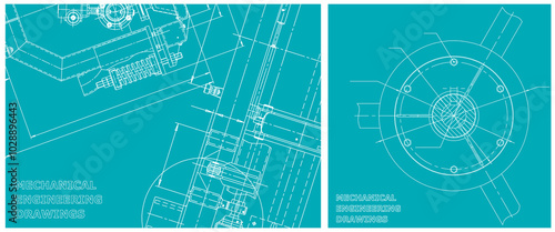 Blueprint illustration set. Engine line drawing