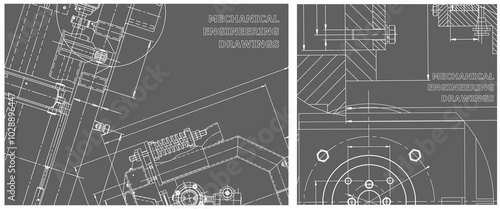 Blueprint illustration set. Engine line drawing