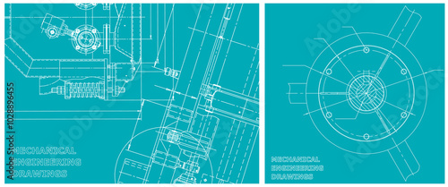 Blueprint illustration set. Engine line drawing
