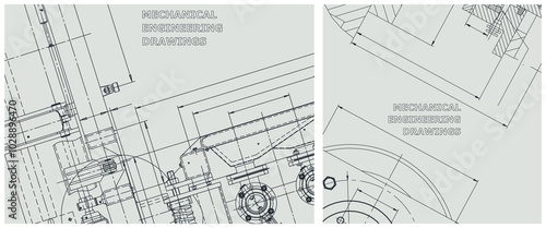 Blueprint illustration set. Engine line drawing