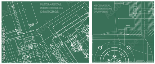 Blueprint illustration set. Engine line drawing