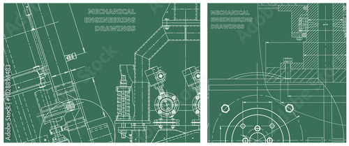 Blueprint illustration set. Engine line drawing
