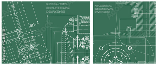 Blueprint illustration set. Engine line drawing